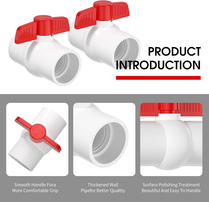 EPHECH 10PCS 1" PVC Ball Valve, SCH40 Slip PVC Water Pipe Valve with Easy Turn Red T-Handle, Shut-Off Ball Valve Socket for Swimming Pool, Sprinkler Lines, Outdoor Plumbing & Irrigation System - Image 3